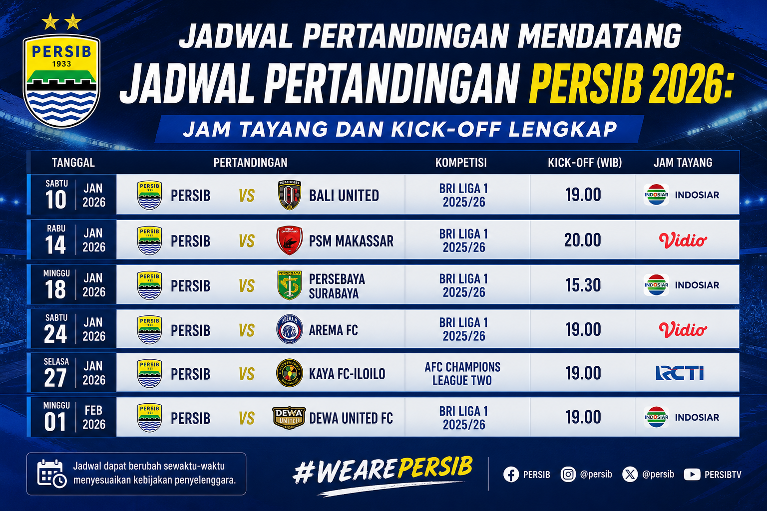 Jadwal Pertandingan Mendatang - persib