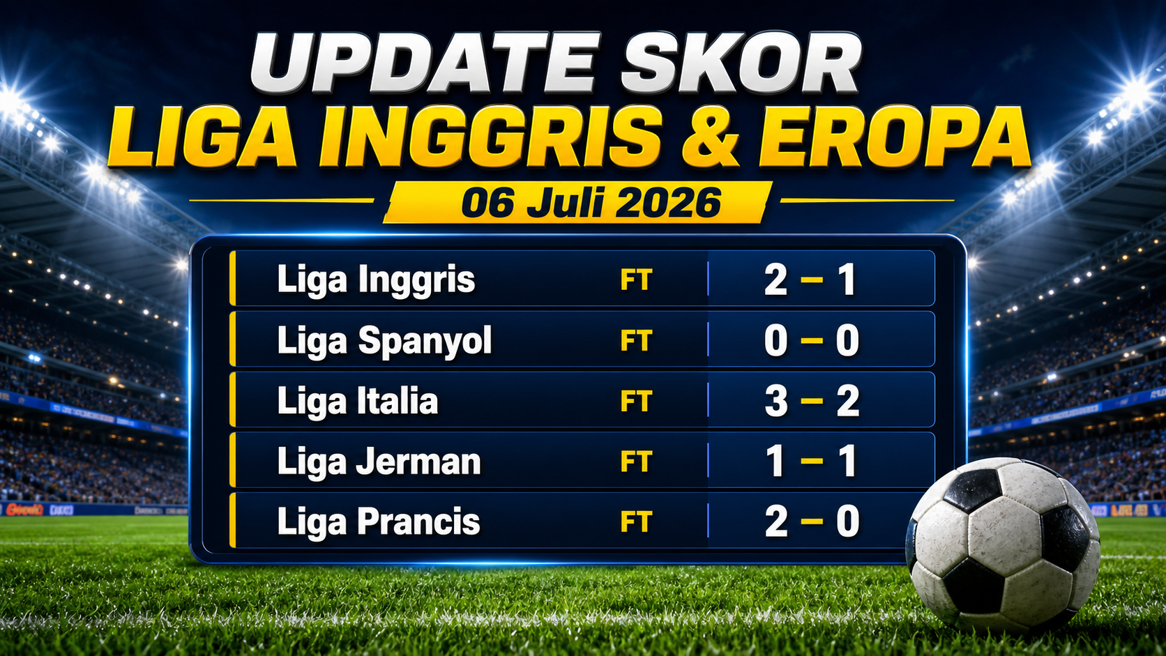 Update Skor Liga Inggris dan Eropa per 06 Juli 2026 - sepakbola